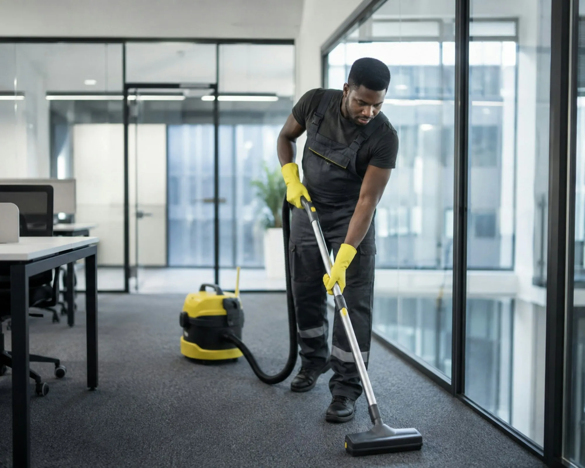 Cleaner vacuuming the carpet in a glass-walled office