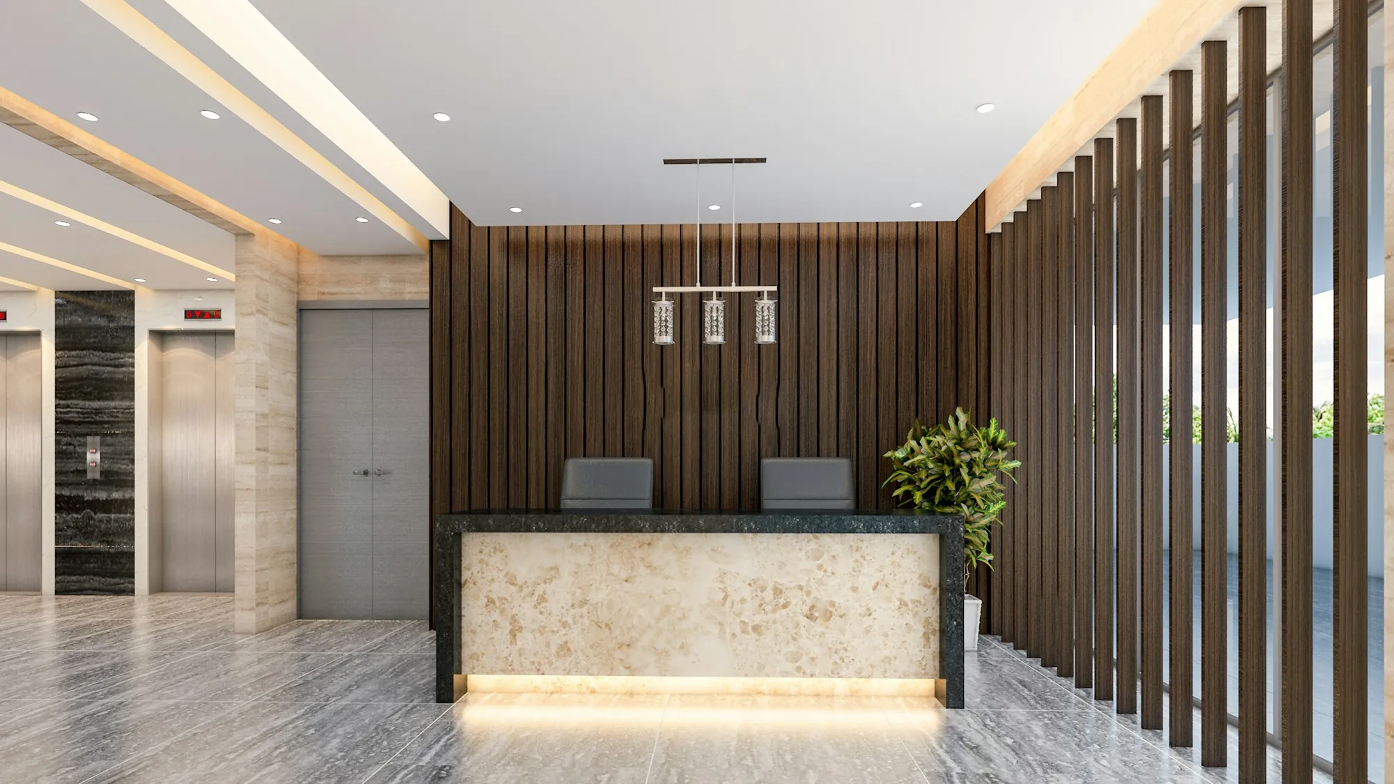 Office reception desk with wood slat walls