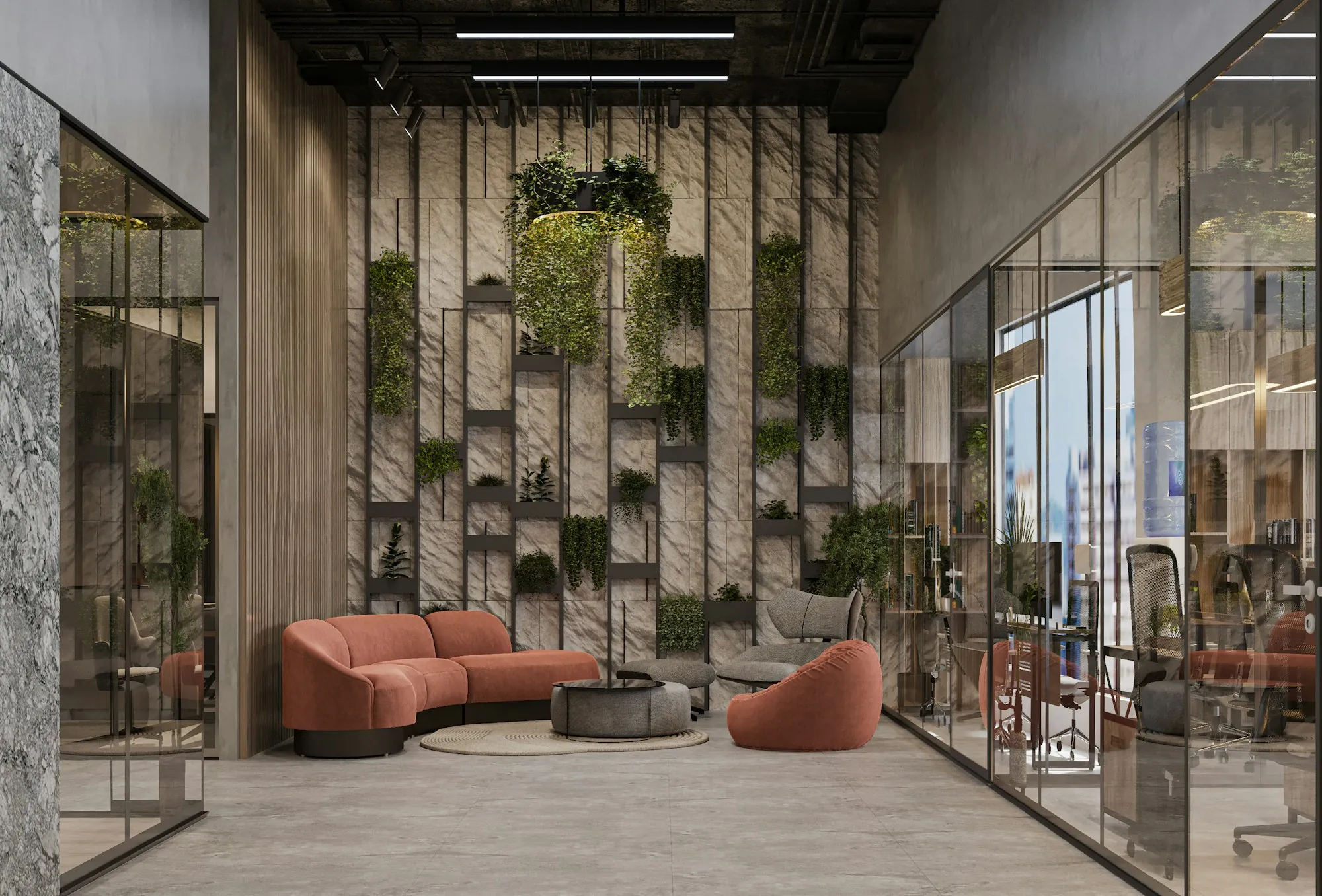 Office lobby with a living plant wall and glass rooms