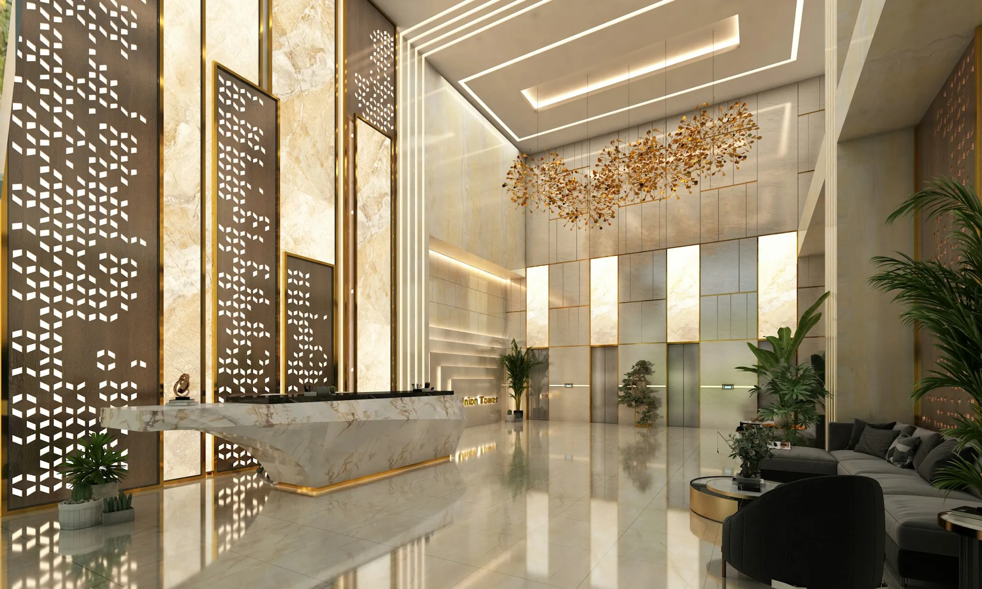 Lobby with decorative panels and a glossy marble floor